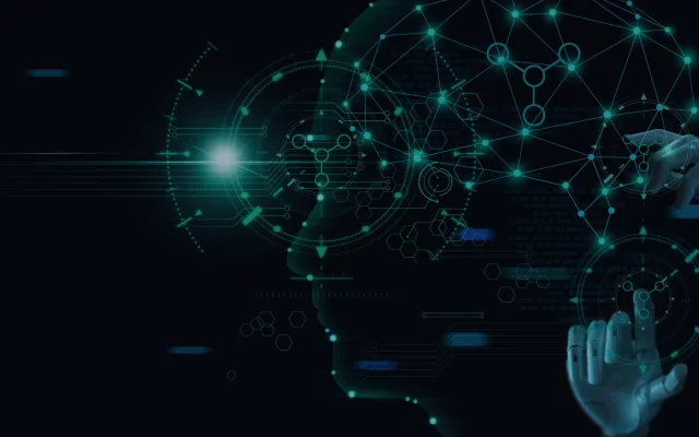 Artificial Intelligence background with grids, robotic hands and robotic had super imposed