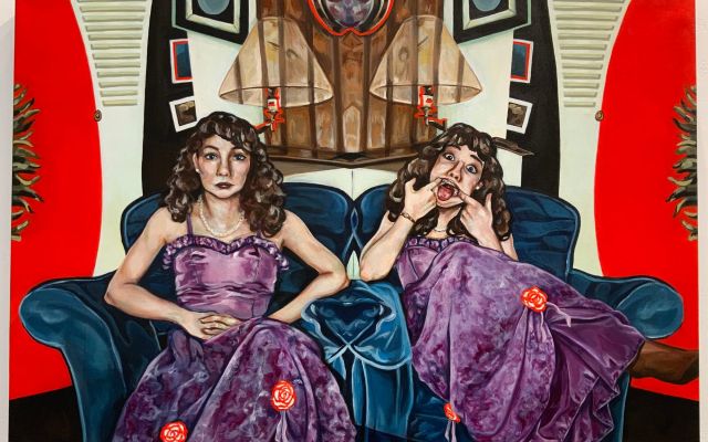 A painting of two young women mirrored. They are sitting in a blue chair wearing a purple dress. One woman has a serious face while the other is sticking her tongue out.