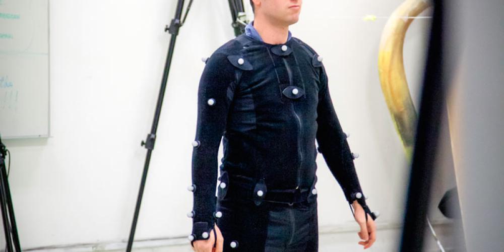 student wearing mocap suit