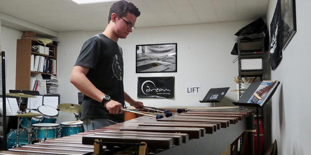 Male teen playing marimba in studio