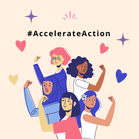 Graphic image of diverse group of women with hashtag AccelerateAction