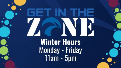 Graphic showing winter hours in the Zone are Monday to Friday, 11am to 5 pm