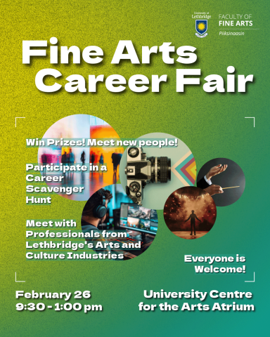 Fine Arts Career Fair. Images of a gallery space, SLR camera, a person with headphones working on a computer, a silhouette on stage, conductor's hands